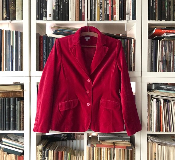 Vintage Women's Velvet Cotton Red Blazer Jacket by Lindex - Size XL / EU 44 (Pit to Pit 52cm/20.47in)