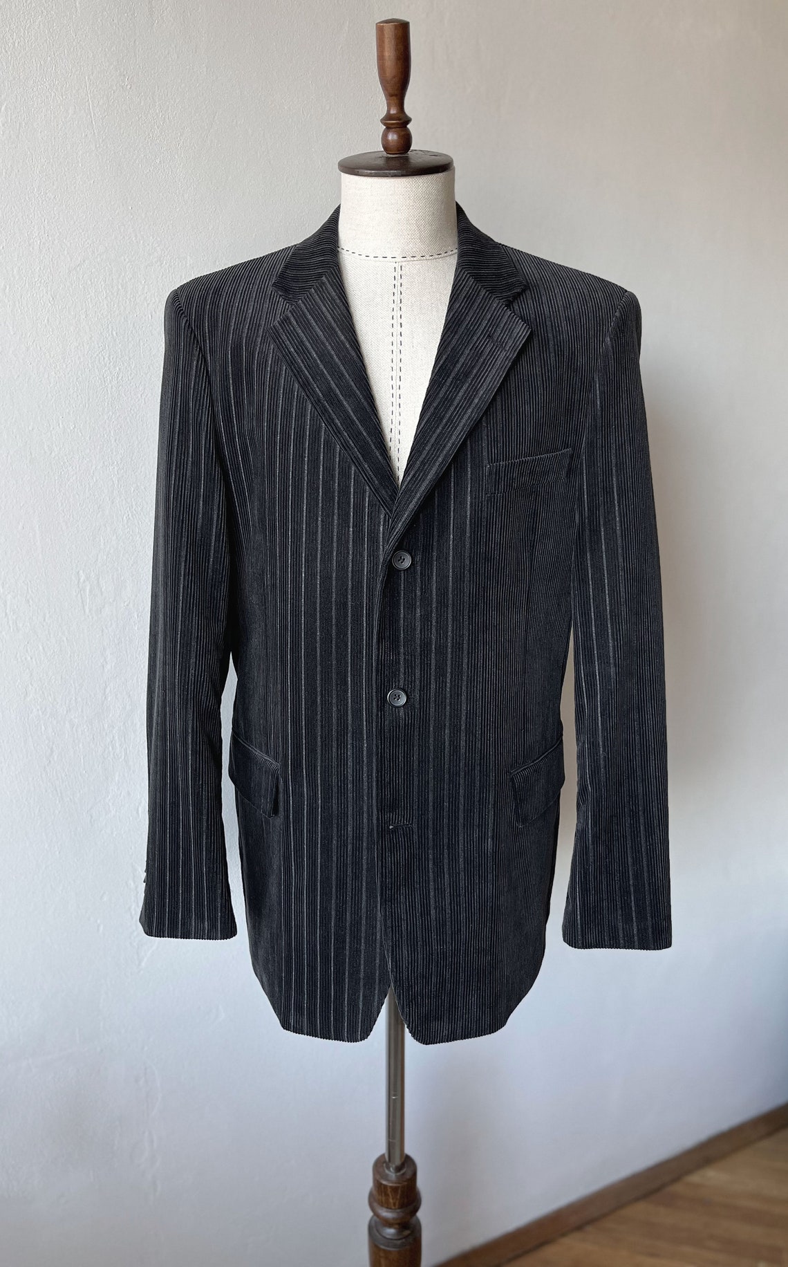 Vintage Striped Corduroy Blazer: Anthracite Grey Cotton Jacket, XXL, photo 2 sur 5