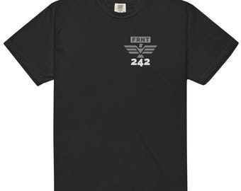 May include: Black t-shirt with a small, gray graphic on the chest. The graphic includes the word "FRNT" above a stylized wing design and the number "242" below. The shirt has a classic crew neck and short sleeves.