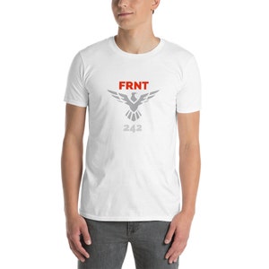 May include: White t-shirt featuring a grey eagle graphic and the text "FRNT 242" in red.