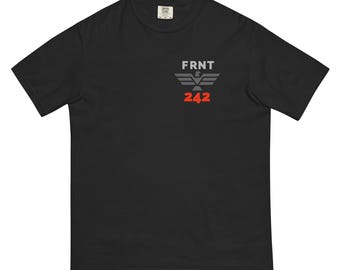 May include: Black t-shirt with the text "FRNT" above a stylized eagle design and the number "242" in red. The shirt is a solid black color and has a classic crew neck.