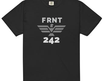 May include: Black t-shirt with a gray graphic design featuring the word "FRNT", an eagle emblem, and the number "242". The shirt has a classic crew neck and short sleeves.