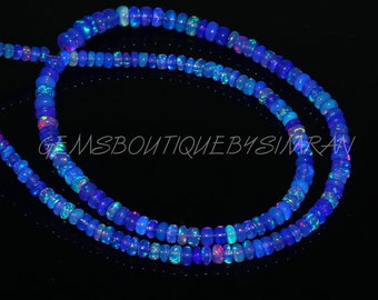 Royal Blue Ethiopian Opal Smooth Rondelle Beads, Blue Opal Beads, Fire Opal Rondelle Beads