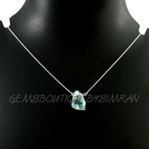 16/18 Inches Long Natural Aquamarine Rough Pendant Sterling Silver Chain Necklace~~Sterling Silver Raw Aquamarine Necklace