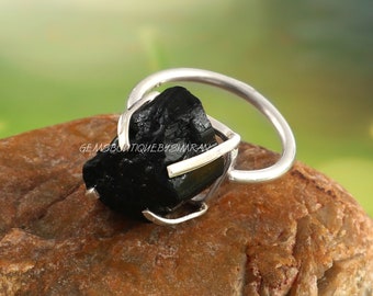 Black Tourmaline Sterling Silver Ring, Raw Tourmaline Ring, Tourmaline Rough Ring, Uncut Tourmaline Ring,Healing Crystal Ring,Ring for Women