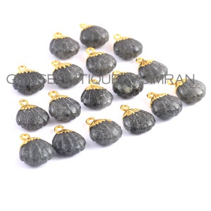 2 Pieces Black Sunstone Carved Shells Electroplated Charms, Black Sunstone Fancy Shape Charms, Black Sunstone Pendants