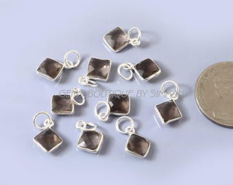 2/4Pieces~~Smoky Quartz Cushion Shape Tiny Sterling Silver Pendants~~Sterling Silver Bezel Charms~~Cushion Shape Gemstone Bezel Charm