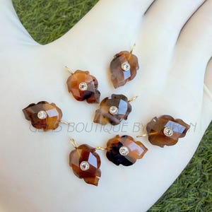 Può includere: Sette ciondoli a forma di foglia con toni marroni e ambrati sfaccettati, ciascuno con una piccola gemma rotonda e trasparente al centro. I ciondoli hanno anelli color oro per essere appesi. Lo sfondo è una superficie bianca con erba verde.
