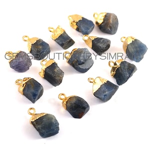 4 Pieces Natural Blue Sapphire Rough Electroplated Pendants, Natural Sapphire Raw Charms