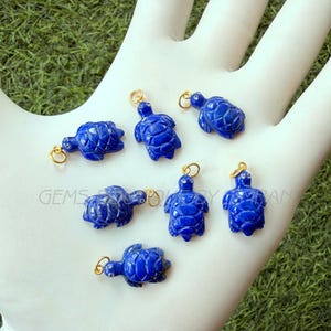 Può includere: Sei piccoli ciondoli a forma di tartaruga intagliati in pietra lapislazzuli blu intenso. Ogni tartaruga presenta un motivo a guscio dettagliato e un piccolo anello in metallo dorato fissato alla testa per appenderla. I ciondoli sono raggruppati.