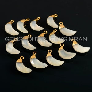 White Moonstone Carved Faceted Crescent Moons Electroplated Charms, White Moonstone Fancy Shape Charms, White Moonstone Pendants