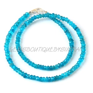 Natural Neon Blue Apatite Faceted Rondelle Beads Necklace~~Blue Apatite Rondelle Necklace~~Neon Blue Apatite Gemstone Necklace