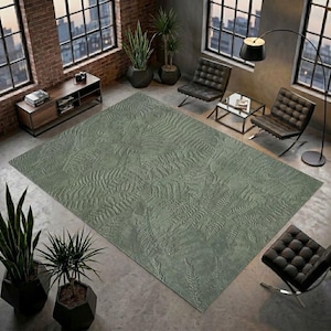 Modern botanisch vloerkleed, saliegroen vloerkleed met varenbladmotief voor de woonkamer, groot, wasbaar en gestructureerd tapijt, neutrale natuurlijke Wabi Sabi woondecoratie