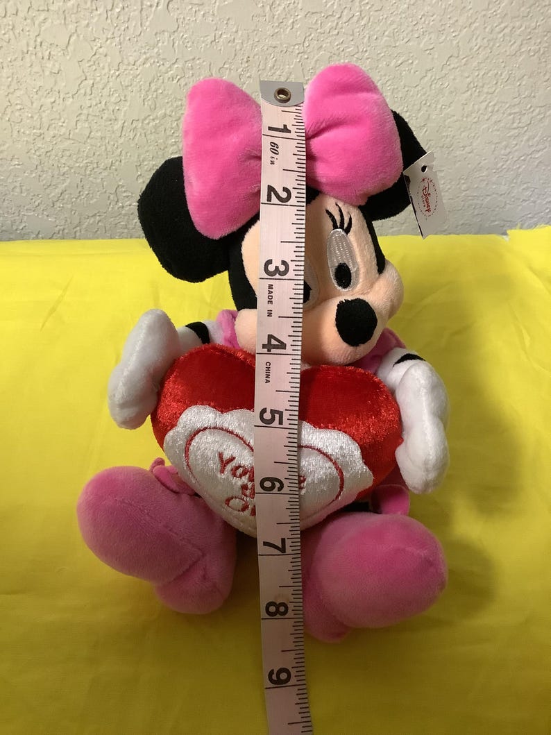 May include: A pink and red plush Minnie Mouse toy holding a red heart that says "You are my Valentine".