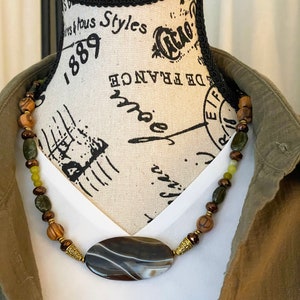 Agate Olive Wood and Jade  Necklace