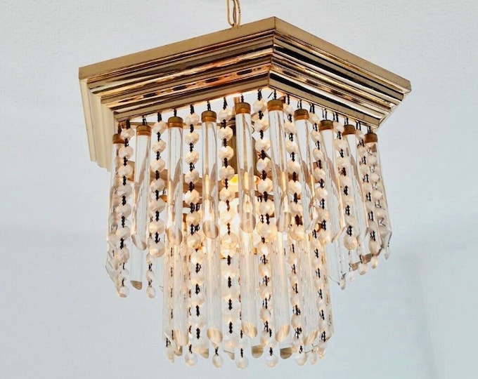 Vintage Murano Crystal Waterfall Chandelier Brass Square Ceiling Light Hollywood Regency