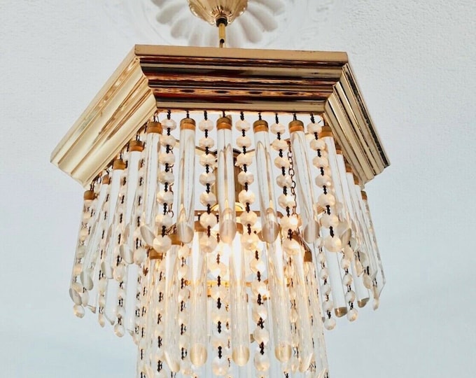Antique Glass Prism Chandelier: Art Deco Ceiling Light, Rare Beads, Crystals, 22.5" L x 10" W