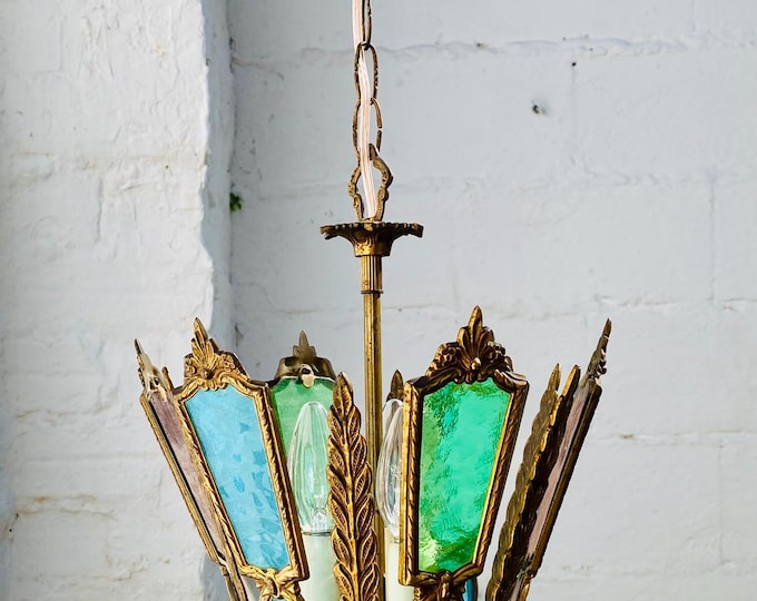 Antique Stained Glass Lantern Chandelier: Pink, Blue, Green Brass Pendant Light (24x11)
