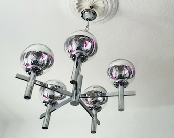 Mid Century Chrome Orbital Chandelier: Mirrored Glass Globe, 5-Light