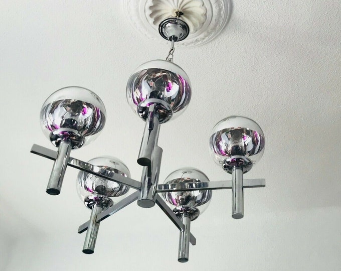 Mid Century Chrome Orbital Chandelier: Mirrored Glass Globe, 5-Light
