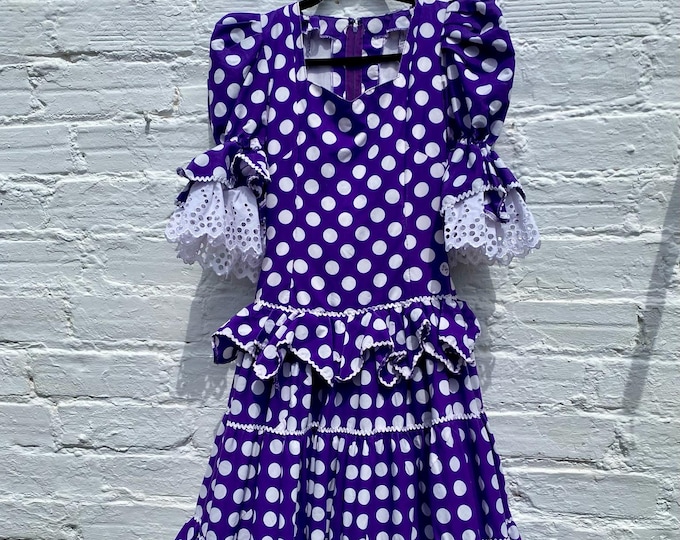 Waist 23" Vintage Authentic Spanish Flamenco Gypsy Dress Frida Purple Polka Dots