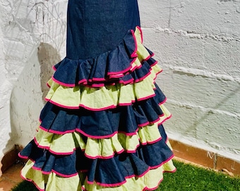 Authentic Vintage Spanish Flamenco Dress Skirt: Denim, Waist 28", Length 37"