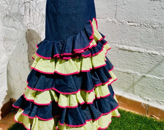 Authentic Vintage Spanish Flamenco Dress Skirt: Denim, Waist 28", Length 37"