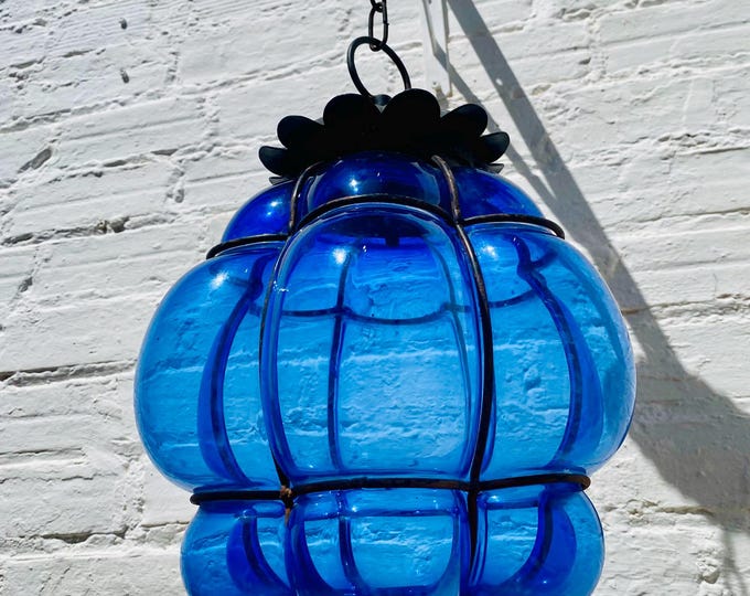 Blue Murano Glass Lantern, Handblown Italian Pendant Light