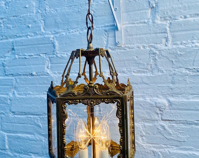 Antique Brass Spanish Lantern: Etched Glass, 3-Light Foyer Lighting