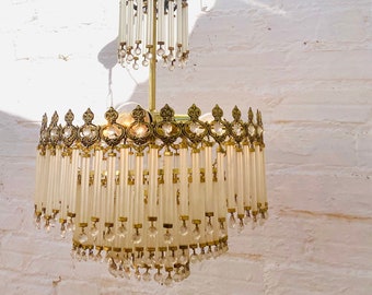 Antique Tiered Chandelier: Glass Prism Art Deco Ceiling Light