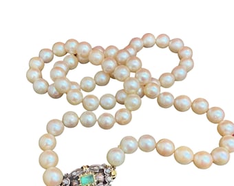 Antique Pearl Necklace: 18k Diamond Emerald Clasp, Spain Estate