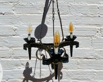 Antique Wrought Iron Chandelier: Gothic Spanish Medieval Lighting (25 x 15")