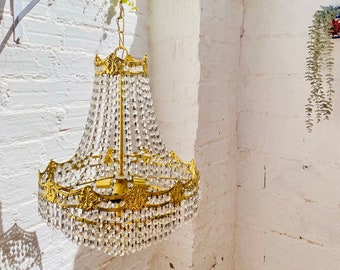 Vintage French Empire Crystal Chandelier: Hollywood Glamour Gold Brass