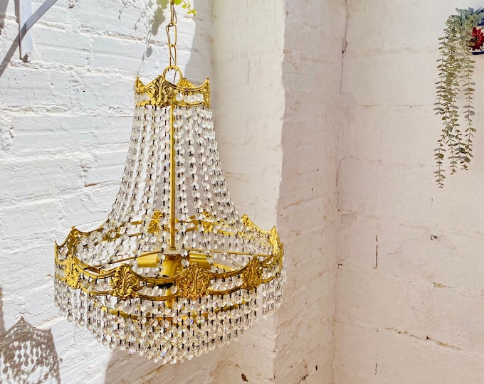 Vintage French Empire Crystal Chandelier: Hollywood Glamour Gold Brass