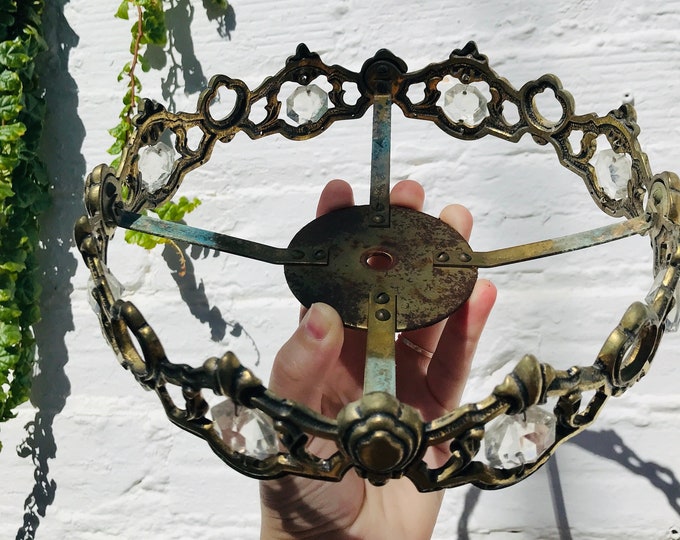 Antique Brass Chandelier Crown: 9" Crystal Prism Frame