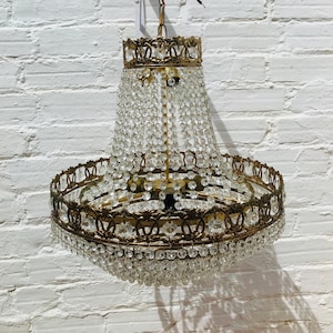 28 x 18.5" Antique French Empire Chandelier, Tiered Crystal, Brass, 6 Lights, Vintage, Hollywood Glamour