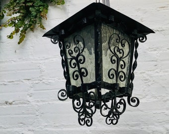 Antique Black Porch Light Lantern, Wrought Iron, Spanish Revival, Gothic, Medieval