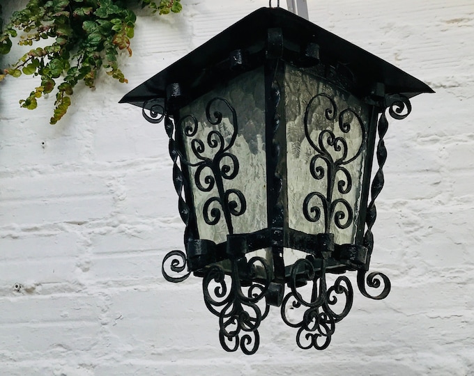 Antique Black Porch Light Lantern, Wrought Iron, Spanish Revival, Gothic, Medieval