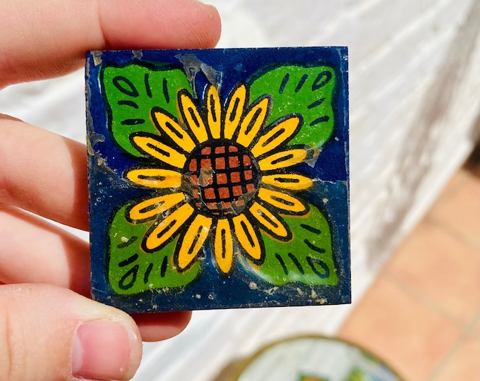 Antique Talavera Sunflower Tiles: Spanish Revival Decor (Set of 4)