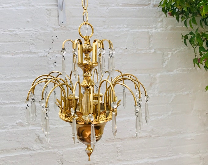 Petite Antique Chandelier, Brass, Gold, Icicle, Glass, Italian, Suitable for USA & EU