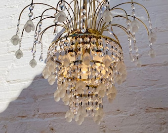 Vintage Brass Crystal Flower Chandelier: Hollywood Art Nouveau Lighting (30" L)