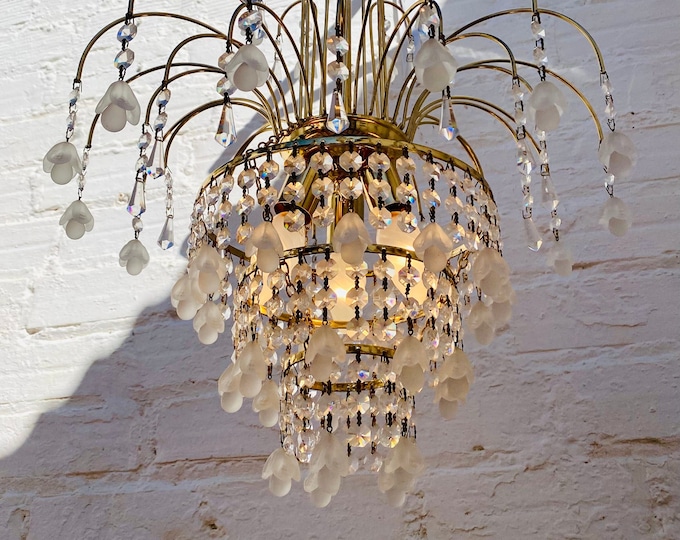 Vintage Brass Crystal Flower Chandelier: Hollywood Art Nouveau Lighting (30" L)