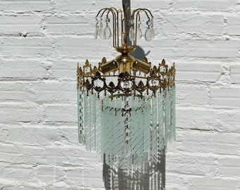Vintage Art Deco Glass Chandelier: Brass & Crystal, 3-Light