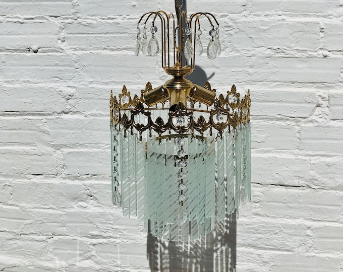 Vintage Art Deco Glass Chandelier: Brass & Crystal, 3-Light