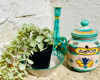 Vintage Spanish Pottery Set: Triana Garlic Jar, Fajalauza Bowl, Candlestick
