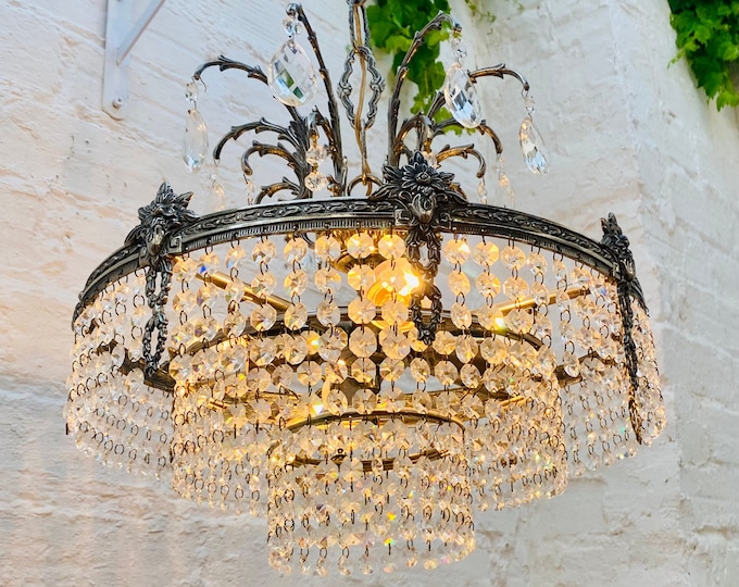 Antique French Style Crystal Chandelier: Silver Bronze, Acanthus Leaf, Four Lights
