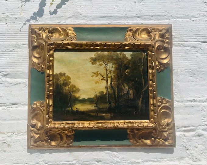 Antique Oil Painting,  Spanish, Countryside, Lake, Gilt Wood, Green Gold, Canvas