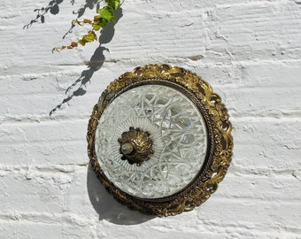11" Antique Golden Bronze Cut Glass Flush Mount Light Mid Century Colonial Fixture