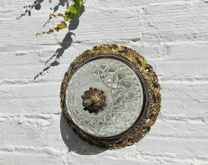 11" Antique Golden Bronze Cut Glass Flush Mount Light Mid Century Colonial Fixture