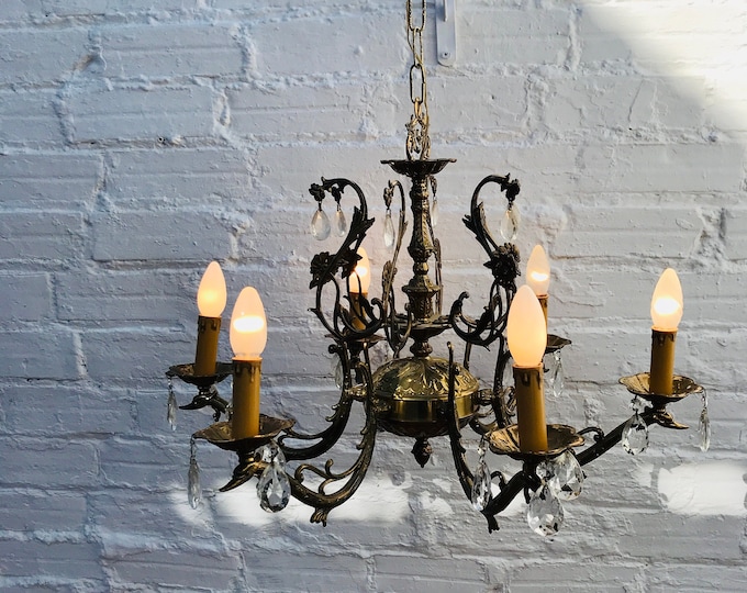 Vintage Crystal Chandelier: Bronze 6-Light Spanish Colonial Candelabra
